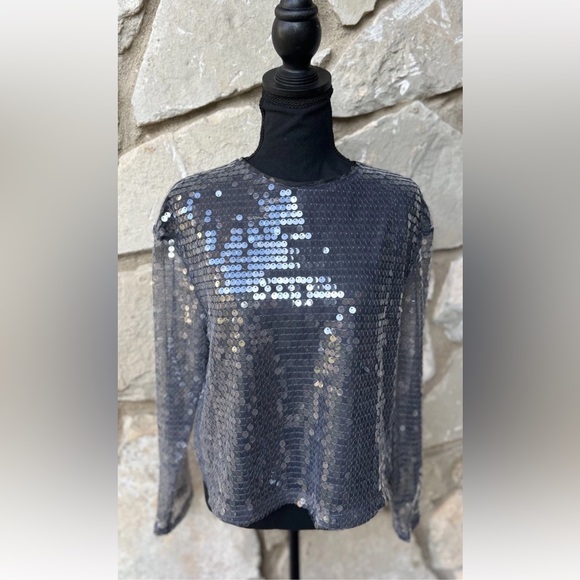 BOLD elements Tops - Bold Elements Sequin Blouse Top Size Medium Gray Mesh Lined Long Slv Excellent